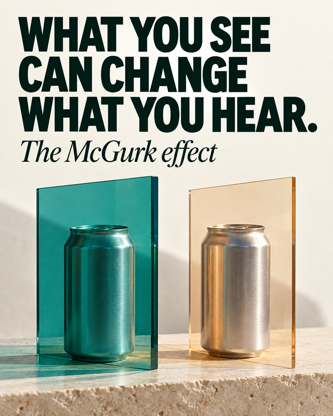 Editorial 4:5 cover on warm off-white paper. Oversized forest-black sans-serif text reads “WHAT YOU SEE CAN CHANGE WHAT YOU HEAR.” Under it, deep forest-green italic serif text reads “The McGurk effect.” Two unbranded silver beverage cans stand on a limestone shelf behind separate translucent teal and amber panels, which tint their appearance differently.