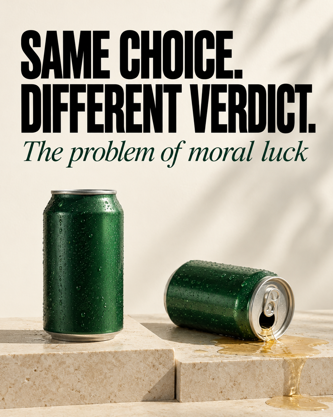 Warm off-white editorial cover reading “SAME CHOICE. DIFFERENT VERDICT.” in oversized black type, with “The problem of moral luck” in green italic serif. Two identical, unbranded dark-green aluminum cans rest on adjacent pale limestone blocks. One stands upright while the other lies on its side, spilling a golden beverage over the edge.