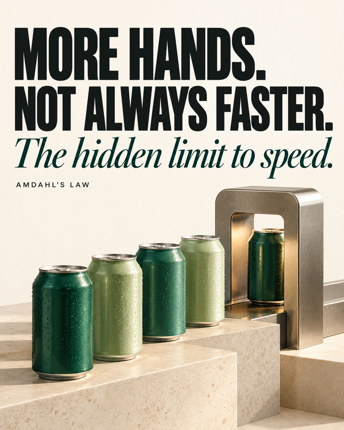 Original off-white editorial cover reading “MORE HANDS. NOT ALWAYS FASTER.” in oversized black sans-serif, “The hidden limit to speed.” in deep-green italic serif, and “AMDAHL’S LAW” below. Five unbranded teal and forest-green cans line up on limestone steps leading into a single brushed-metal inspection arch. The scene is a metaphor for sequential constraints, not a measured production process.