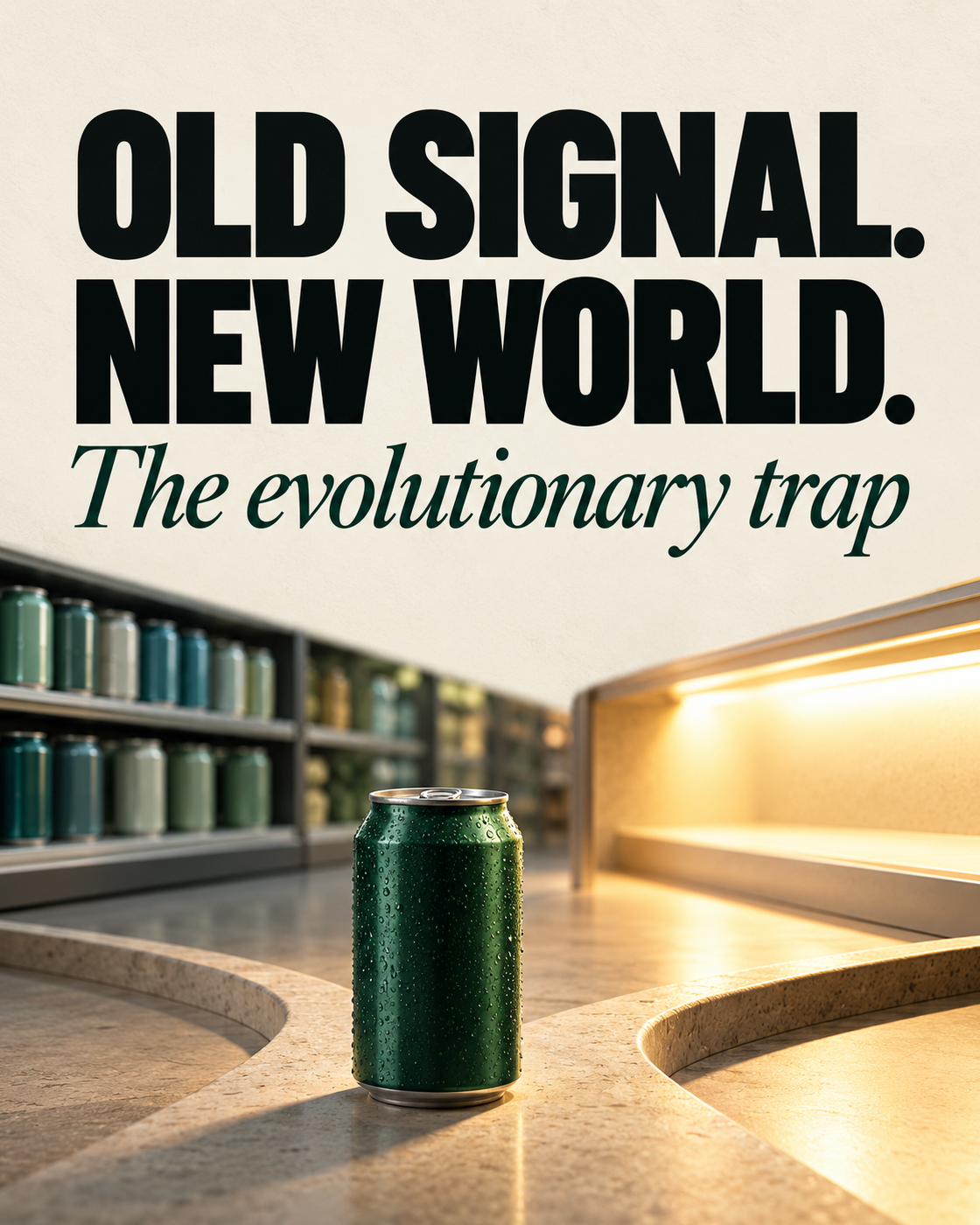 Editorial cover on warm off-white paper reading “OLD SIGNAL. NEW WORLD.” in oversized bold black lettering, with “The evolutionary trap” in deep-green italic serif. A condensation-covered unbranded forest-green beverage can stands where two pale-stone retail paths diverge: one leads toward stocked green cans, the other toward a brightly lit but empty display. It is a metaphor, not an ecological experiment.