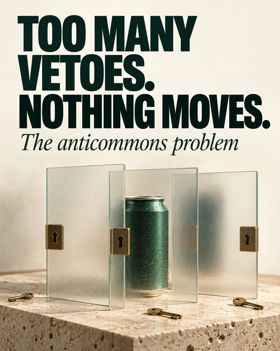 Editorial cover on warm off-white paper reads “TOO MANY VETOES. NOTHING MOVES.” in bold dark-green lettering above “The anticommons problem” in italic forest-green serif. An unbranded green beverage can is visible behind three overlapping frosted-glass panels fitted with separate small brass locks, with several brass keys on a stone ledge. The arrangement symbolizes fragmented access rights.