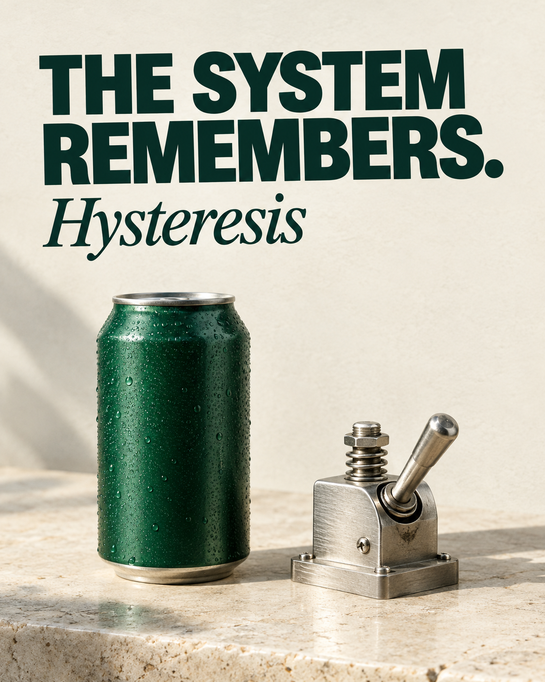 Original 4:5 off-white editorial cover reading “THE SYSTEM REMEMBERS.” in oversized dark-green bold sans serif and “Hysteresis” in green italic serif. A photoreal unbranded forest-green beverage can stands beside a small brushed-metal toggle mechanism on pale limestone, lit by soft daylight.