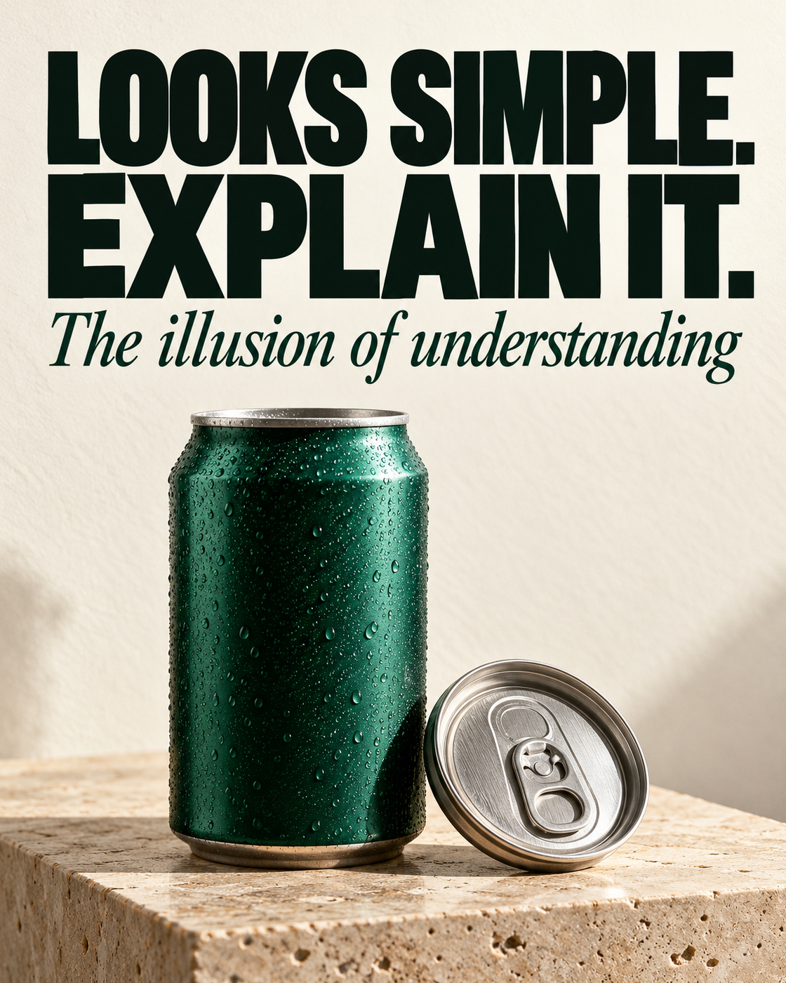 An original 4:5 editorial cover on off-white paper reads “LOOKS SIMPLE. EXPLAIN IT.” in oversized near-black bold sans-serif lettering and “The illusion of understanding” in deep-green italic serif. Below, a realistic condensation-covered, unbranded forest-green aluminum beverage can sits on a pale limestone plinth beside a separate metallic pull-tab lid. The familiar can and visible component suggest the gap between recognizing an object and understanding its mechanism.