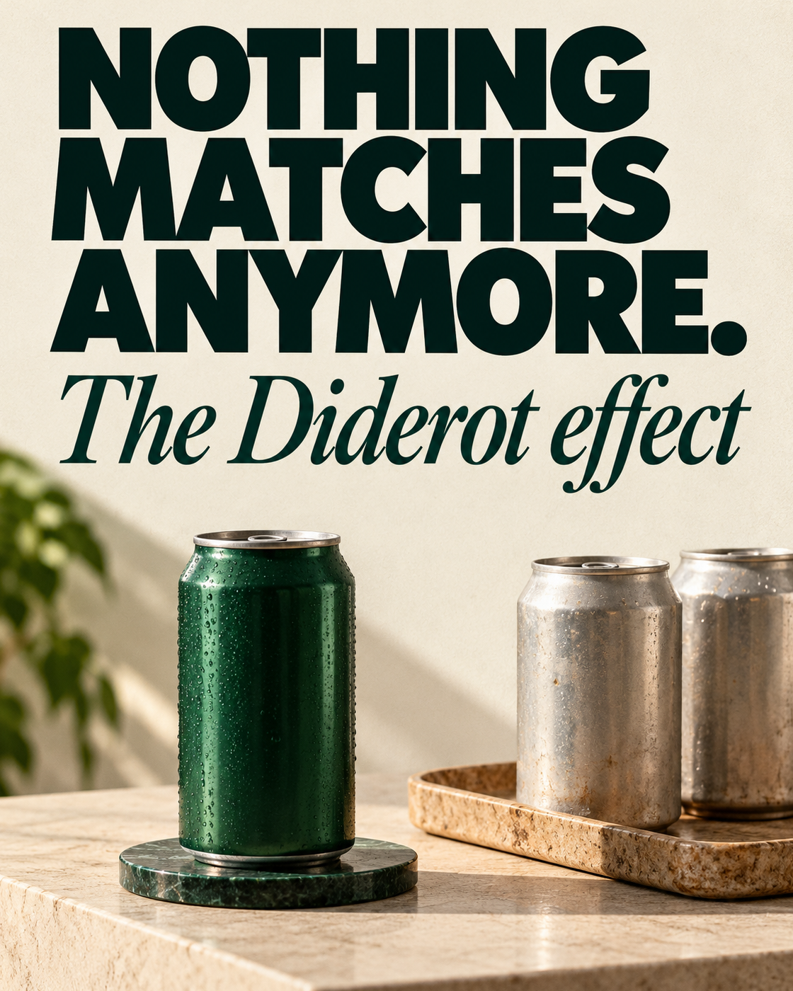 An off-white editorial cover reads “NOTHING MATCHES ANYMORE.” in oversized nearly black, forest-green sans serif, with “The Diderot effect” in green italic serif. Below, a premium unbranded emerald-green beverage can rests on a dark stone coaster, separated from two worn silver cans on a pale tray. Natural shadows and subtle greenery frame the still life as a metaphor for the desire to make possessions match.